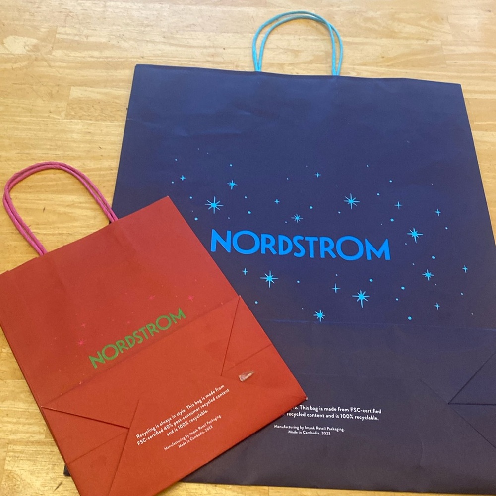 Nordstrom 2 shopping bags. Red is 10x8x 4.5. Blue is about 18.5 x15.5x6